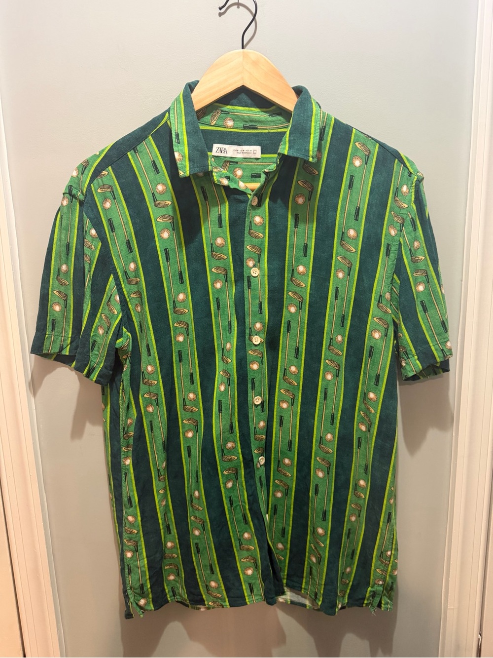 Zara Green and Lime Vertical Stripe Short-Sleeve Button-Down Shirt